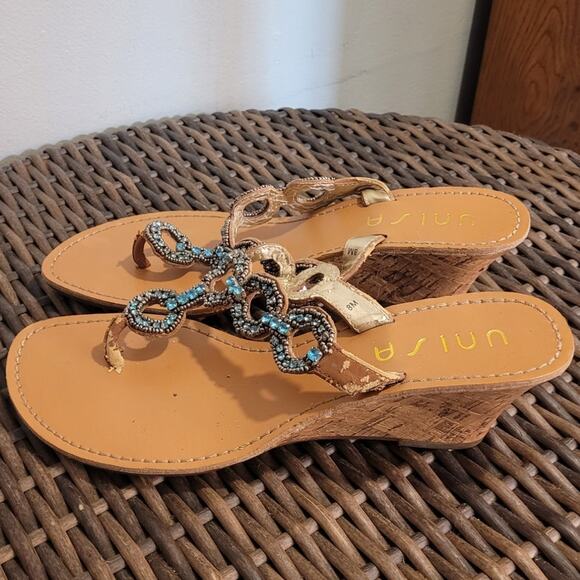 UNISA Rhinestone Cork Wedge Sandals 8 Tan Turquoise Flip Flop Beach Glam Resort - Picture 10 of 10